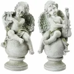 Cheapest 🤩 Northlight 14.75 in. Ivory Set of 2 Cherub Angels with Violin and Harp Sitting on Finials Outdoor Garden Statues ⌛