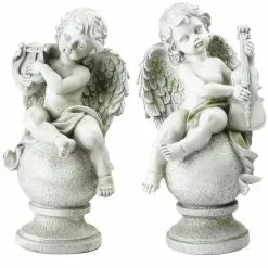 Brand new 🤩 Northlight 14.75 in. White Set of 2 Cherub Angels with Instruments Sitting on Finials Outdoor Garden Statues 🧨