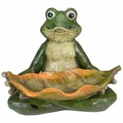 Deals 🔔 Northlight 14 in. Green Frog with Leaf Birdfeeder Outdoor Garden Statue 👏